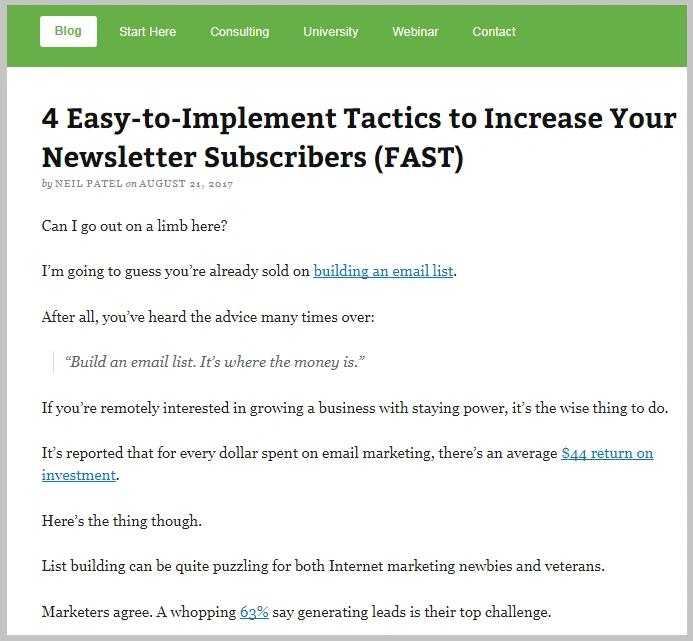 Quick Sprout blog example for engaging content practices